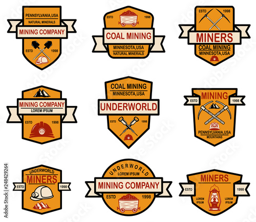 Set of coal mining company emblem templates. Design element for logo, label, emblem, sign, badge.