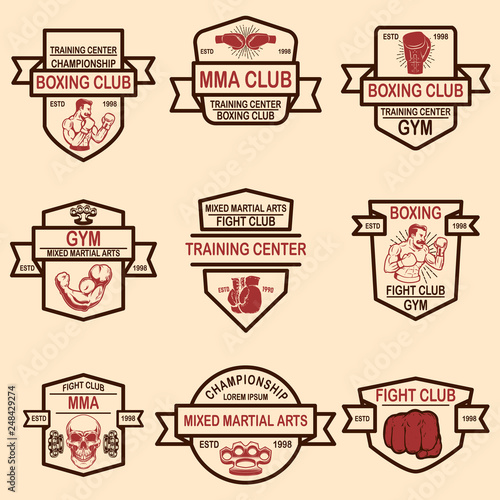 Set of mma and boxing club emblems. Design element for logo, label, sign, poster, t shirt.