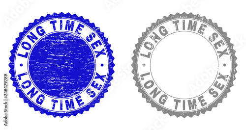 Grunge LONG TIME SEX stamp seals isolated on a white background. Rosette seals with grunge texture in blue and grey colors. Vector rubber stamp imprint of LONG TIME SEX caption inside round rosette.