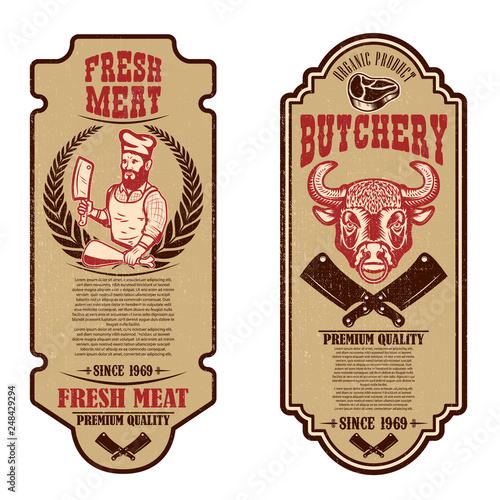 Set of vintage butchery and meat store flyers. Design element for logo, label, sign, badge, poster.