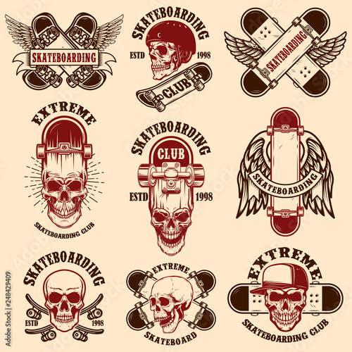 Set of skateboarding club emblems with skulls. Design element for poster, logo, sign, label, t shirt.