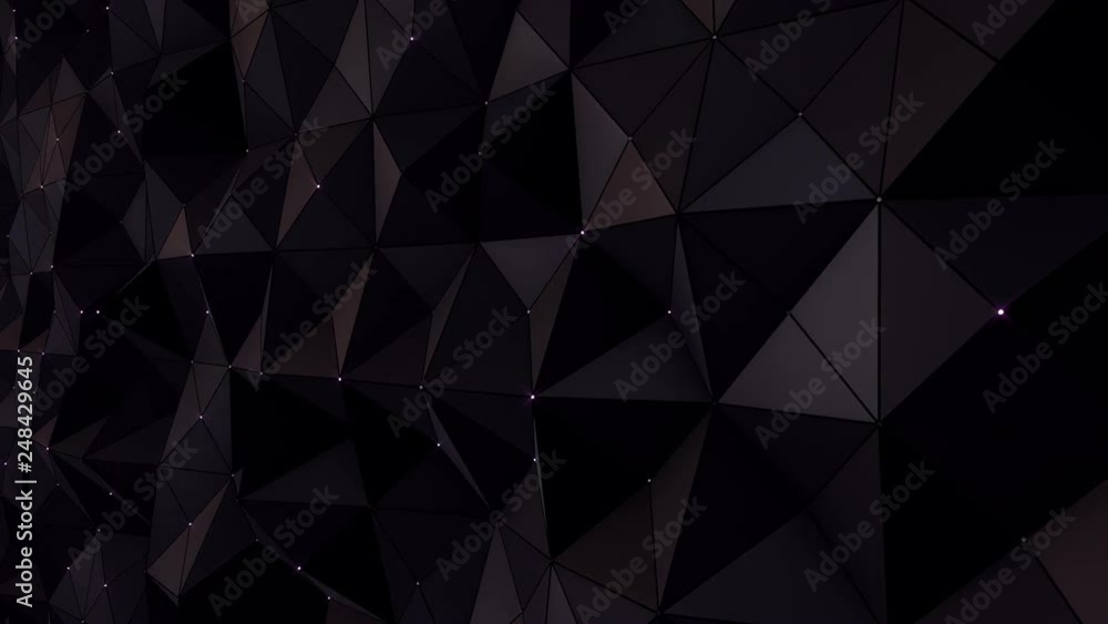 Abstract background with animation moving of dark triangles with glowing dots on their corner as vertex. Technologic backdrop with plastic surface with neon particles. Animation of seamless loop. Abstract background with animation moving of dark triangles with glowing dots on their corner as vertex. Technologic backdrop with plastic surface with neon particles. Animation of seamless loop.