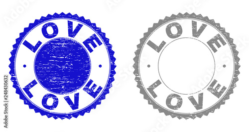 Grunge LOVE stamp seals isolated on a white background. Rosette seals with distress texture in blue and grey colors. Vector rubber stamp imprint of LOVE title inside round rosette.