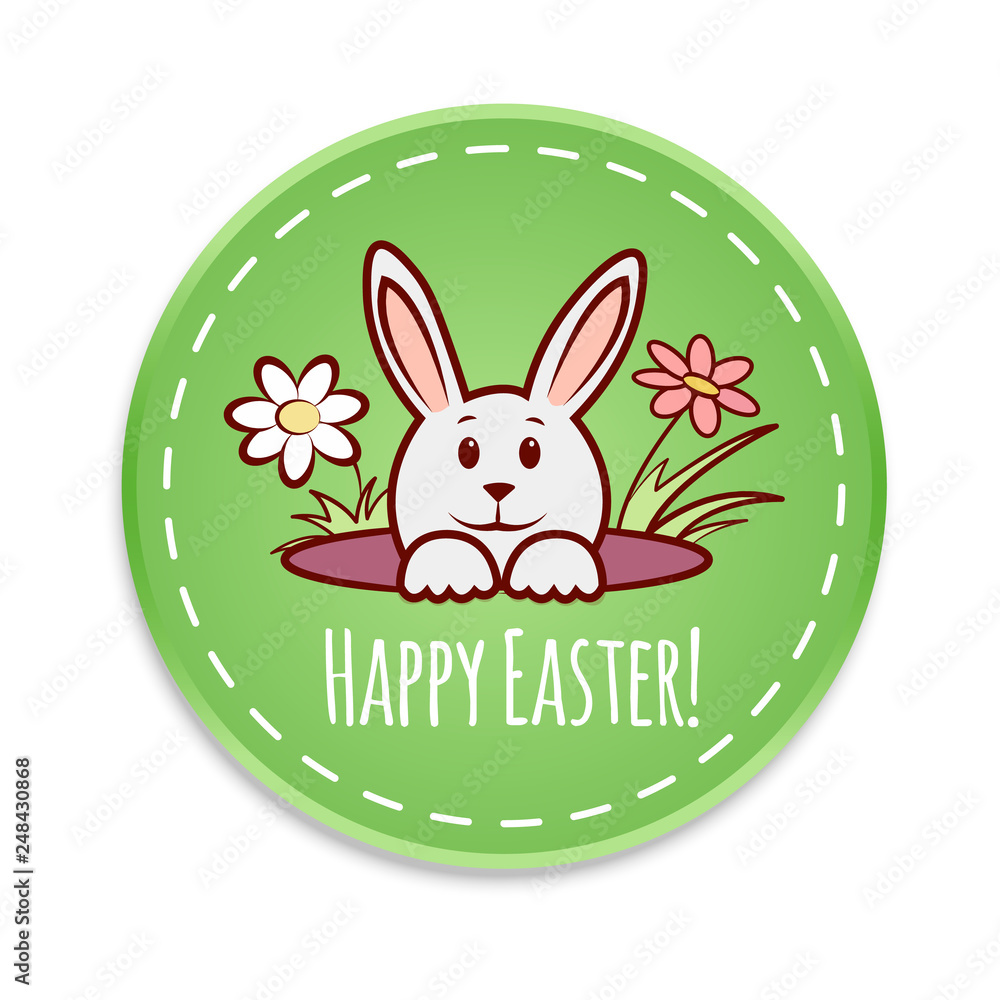 Cute Easter bunny looks out of a hole on a round card-banner. With a pattern and spring flowers. Green color. Isolated on white background. Easter, vector illustration. Cute Easter bunny looks out of a hole on a round card-banner. With a pattern and spring flowers. Green color. Isolated on white background. Easter, vector illustration.