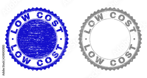 Grunge LOW COST stamp seals isolated on a white background. Rosette seals with grunge texture in blue and gray colors. Vector rubber stamp imprint of LOW COST tag inside round rosette.