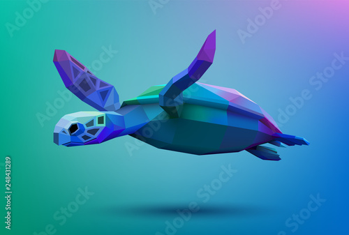Low poly turtle swimming in the ocean, eps10 vector.