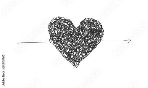 Black complicated lined heart arrow, mess of two colors, chaos of feelings concept. Love symbol for Valentines greeting card design, banner decoration