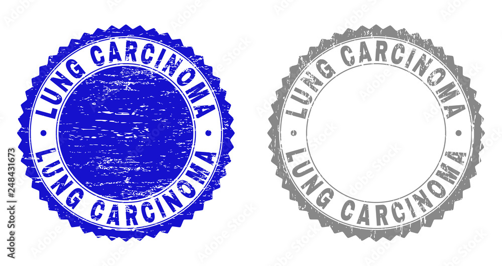 Grunge LUNG CARCINOMA stamp seals isolated on a white background. Rosette seals with distress texture in blue and gray colors.