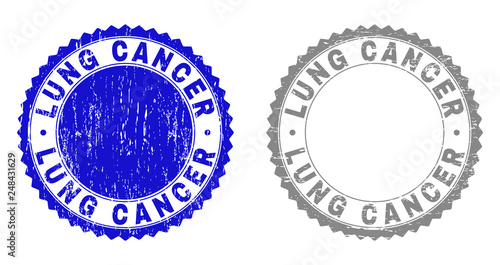 Grunge LUNG CANCER stamp seals isolated on a white background. Rosette seals with grunge texture in blue and grey colors. Vector rubber stamp imitation of LUNG CANCER caption inside round rosette.