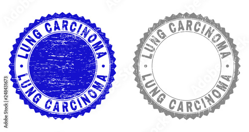Grunge LUNG CARCINOMA stamp seals isolated on a white background. Rosette seals with distress texture in blue and gray colors.