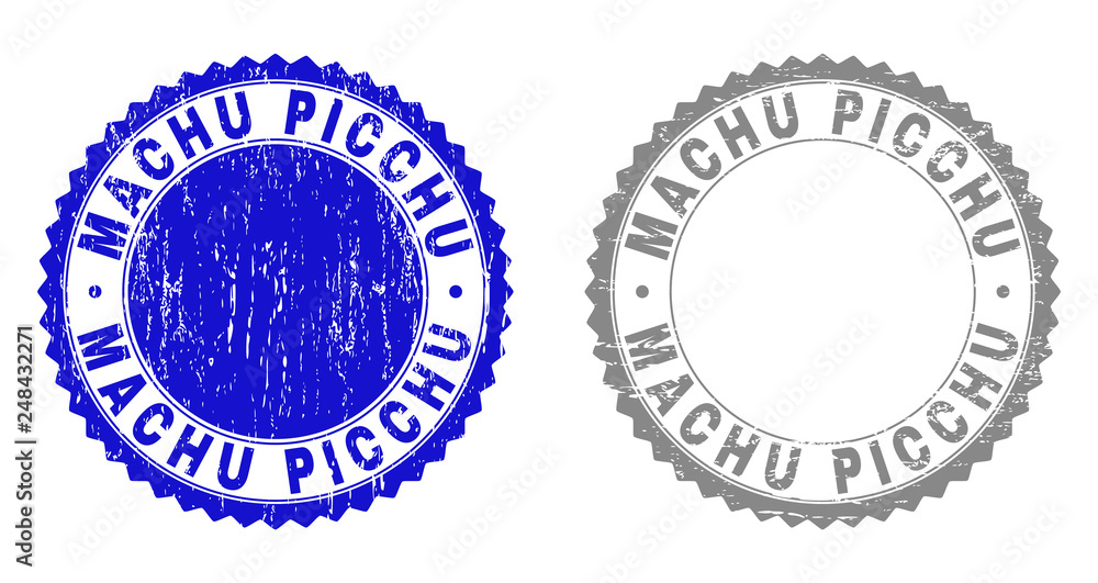 Grunge MACHU PICCHU stamp seals isolated on a white background. Rosette seals with distress texture in blue and gray colors. Vector rubber stamp imprint of MACHU PICCHU title inside round rosette.