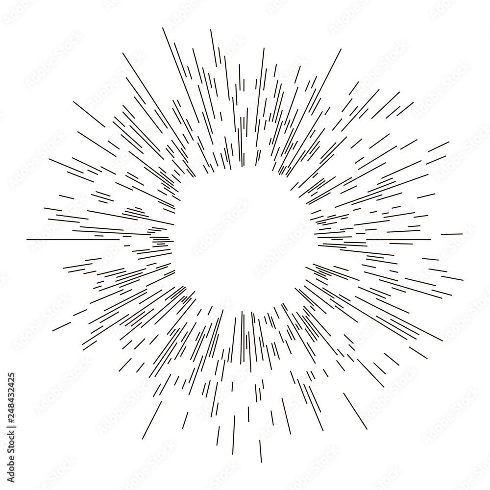 Naklejka premium Vintage sunburst explosion lines.Fireworks black rays design element. Linear drawing vector. Linear radial burst