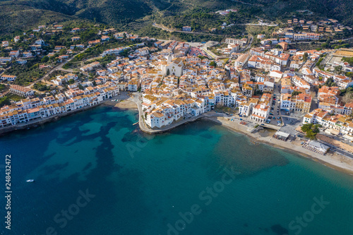 Blue sea and Cadaques city. Spain Catalonia. Aerial view photo. Sunny day.