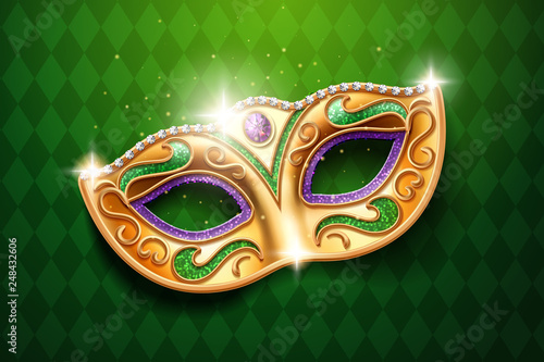 Shining diamonds on carnival mask. Colombina face cover for masquerade or costume party. Man and woman ball masque for theater or opera, mardi gras festival or brazil parade. Fashion and holiday theme