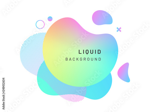 Modern abstract geometric shape design. Liquid or fluid gradient colorful background with dynamic lines, cross. Splash or stain template for flyer design, halftone overlay bubbles. Logo, presentation