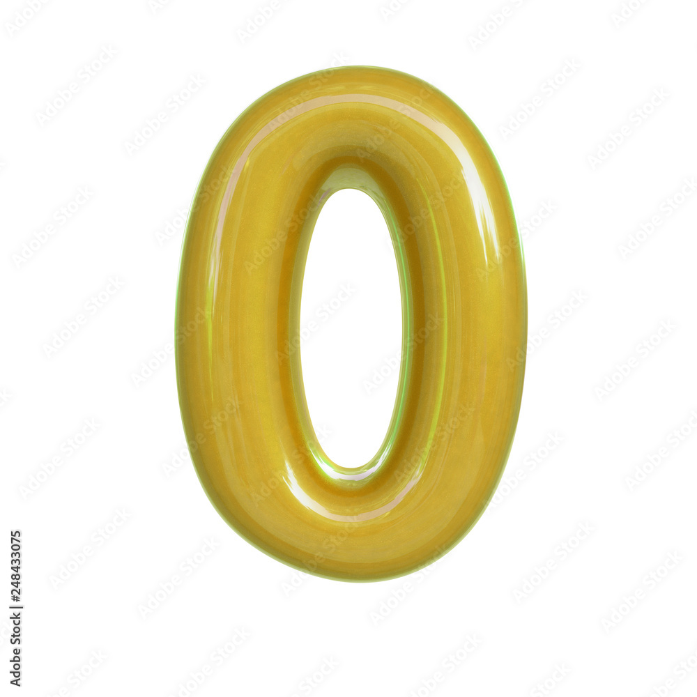 Glossy yellow number zero, 0. 3D render of bubble font isolated on white background Glossy yellow number zero, 0. 3D render of bubble font isolated on white background