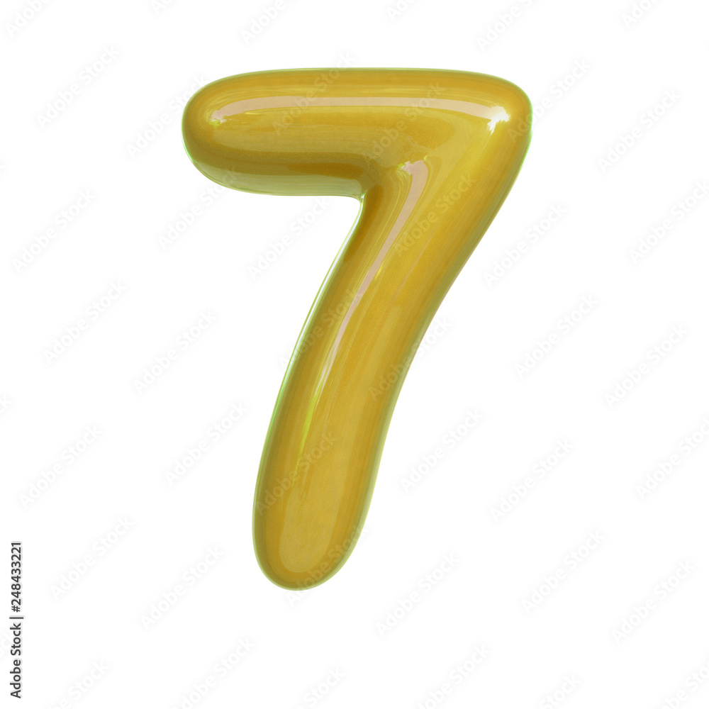 Glossy yellow number seven, 7. 3D render of bubble font isolated on white background Glossy yellow number seven, 7. 3D render of bubble font isolated on white background