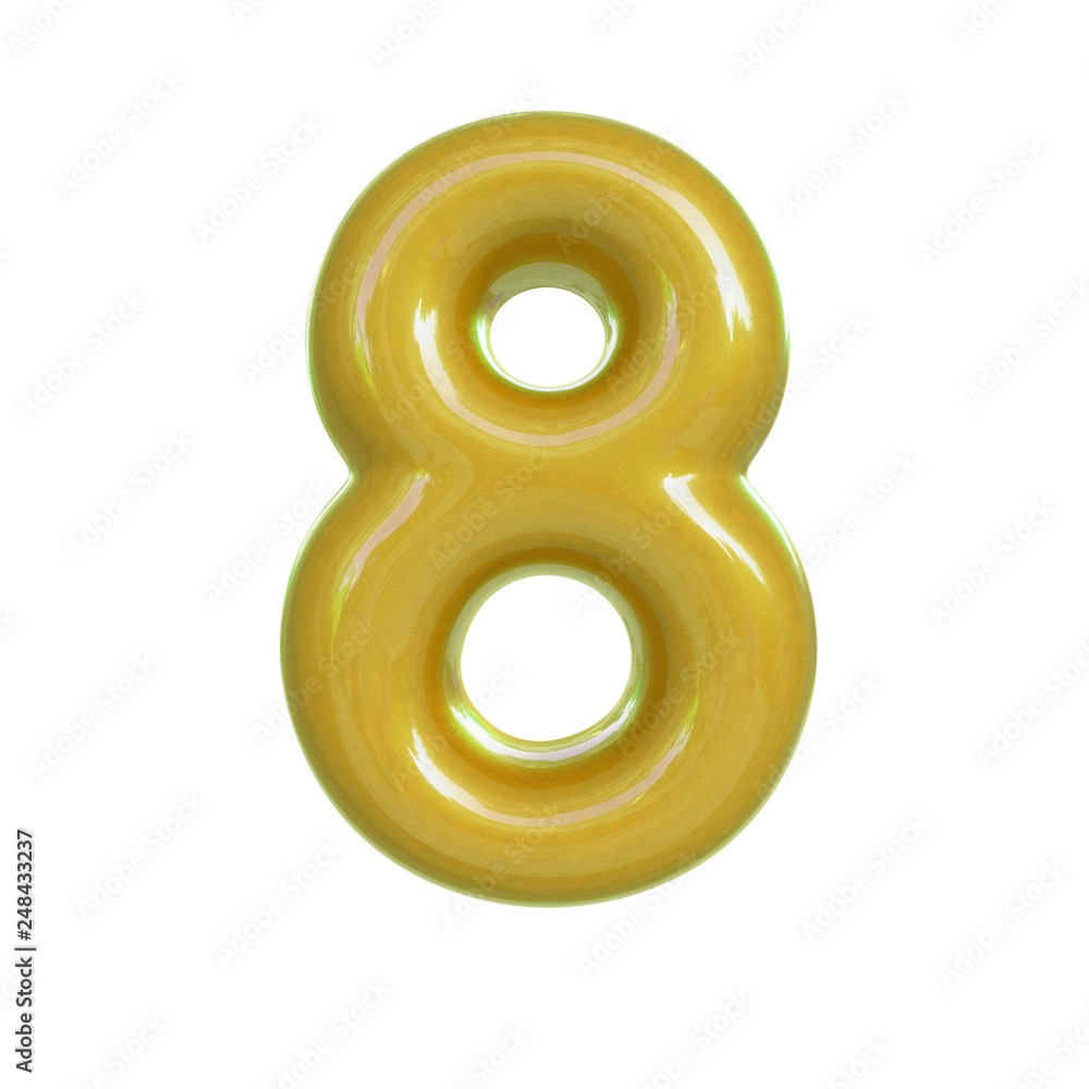 Glossy yellow number eight, 8. 3D render of bubble font isolated on white background Glossy yellow number eight, 8. 3D render of bubble font isolated on white background