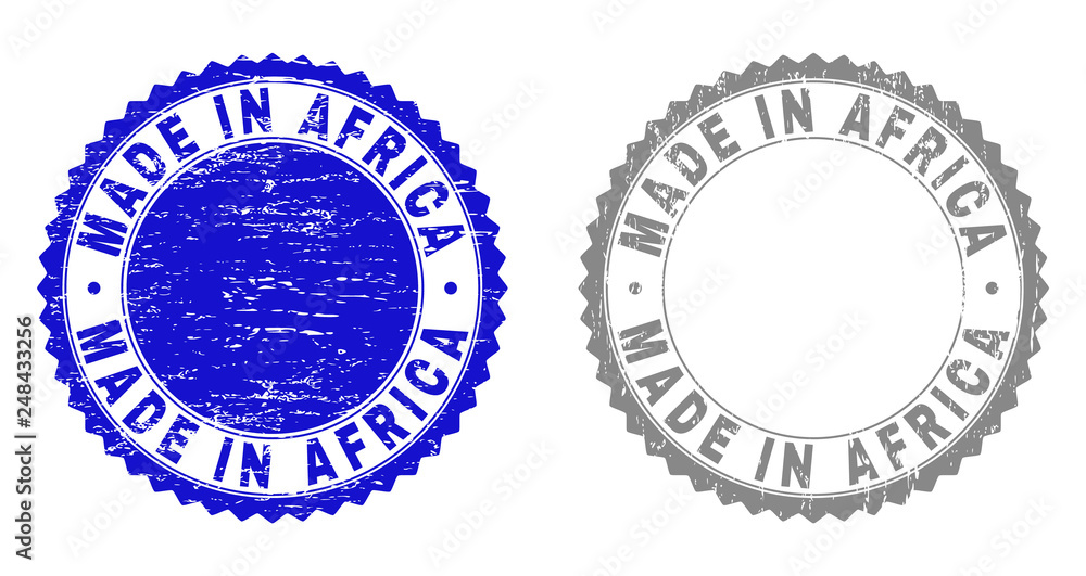 Grunge MADE IN AFRICA stamp seals isolated on a white background. Rosette seals with grunge texture in blue and grey colors. Vector rubber watermark of MADE IN AFRICA caption inside round rosette.