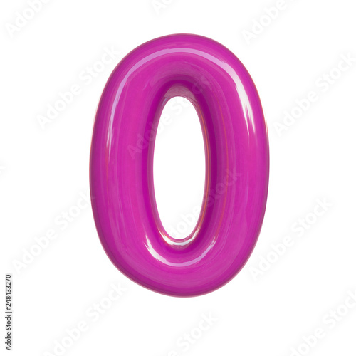 Glossy pink number zero, 0. 3D render of bubble font isolated on white background