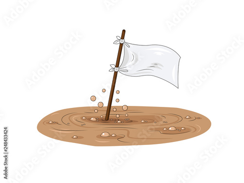 White flag drowning in the swamp.  Symbol of surrender and request for help. Cartoon illustration for your design.