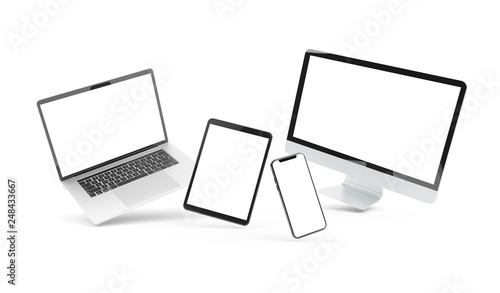 Devices floating on white background 3D rendering