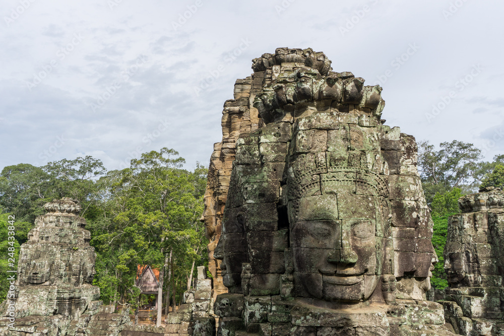 Carved faces at the Bayon Temple in Cambodia