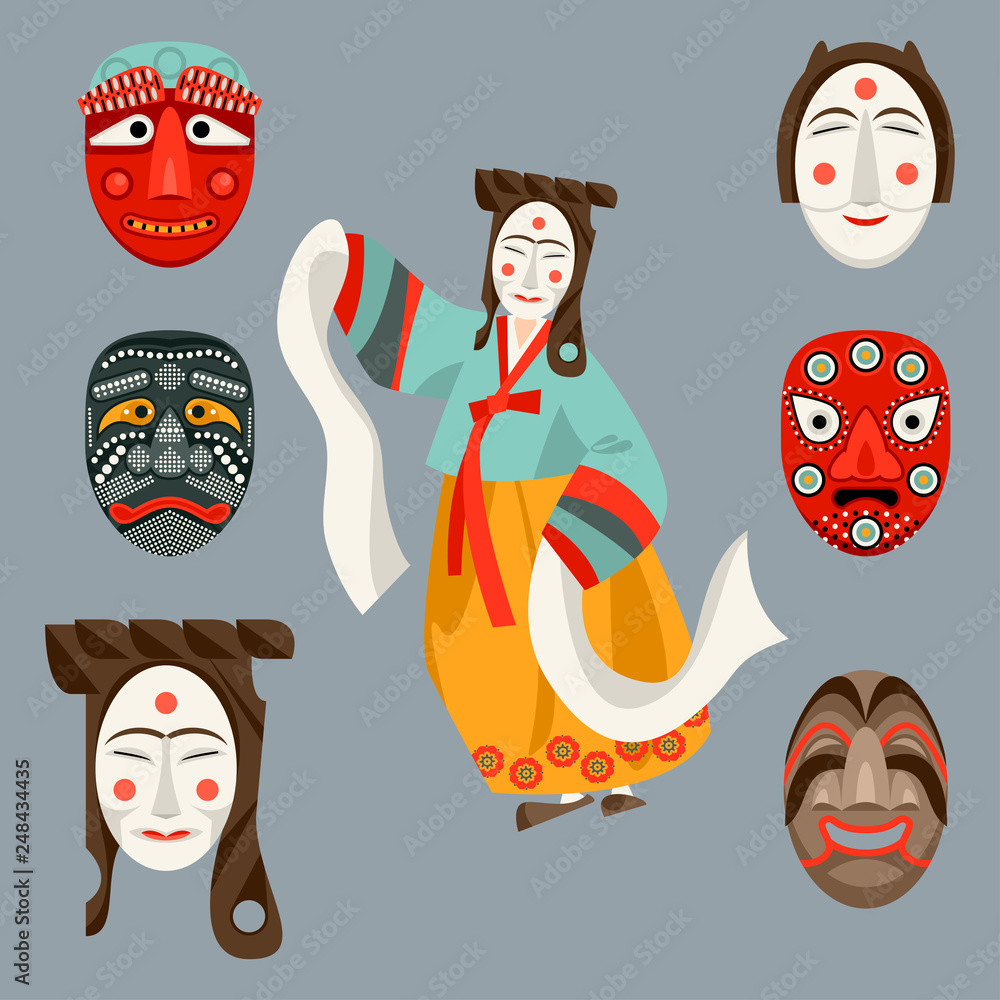 Wooden Hahoe masks (Hahoetal). Traditional ritual Korean mask dance. Stock  Vector | Adobe Stock