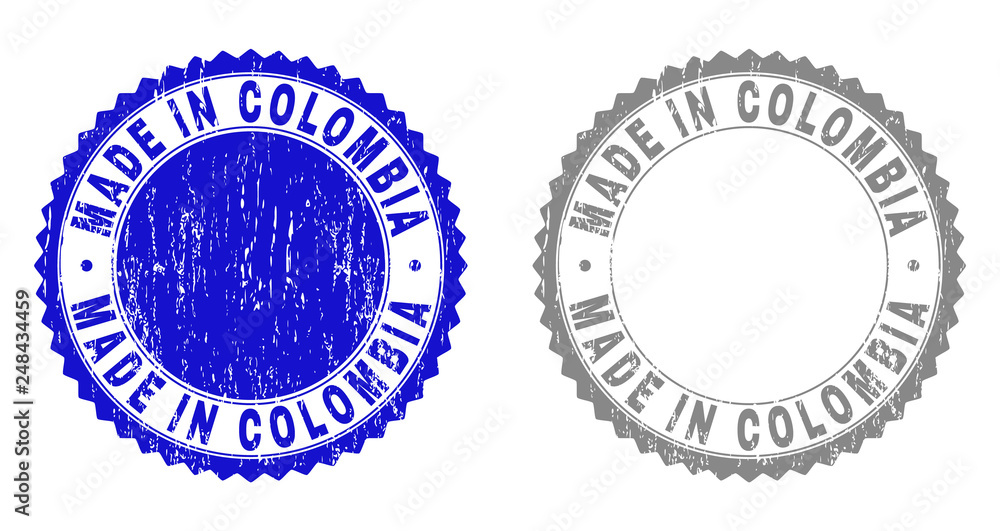 Grunge MADE IN COLOMBIA stamp seals isolated on a white background. Rosette seals with grunge texture in blue and grey colors.