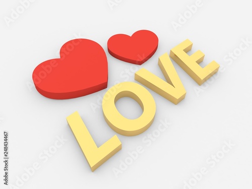 Two hearts and an inscription love on a white background. 3d render illustration.