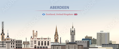 Aberdeen city skyline vector illustration on colorful gradient beautiful day sky background with flags of  Scotland and United Kingdom