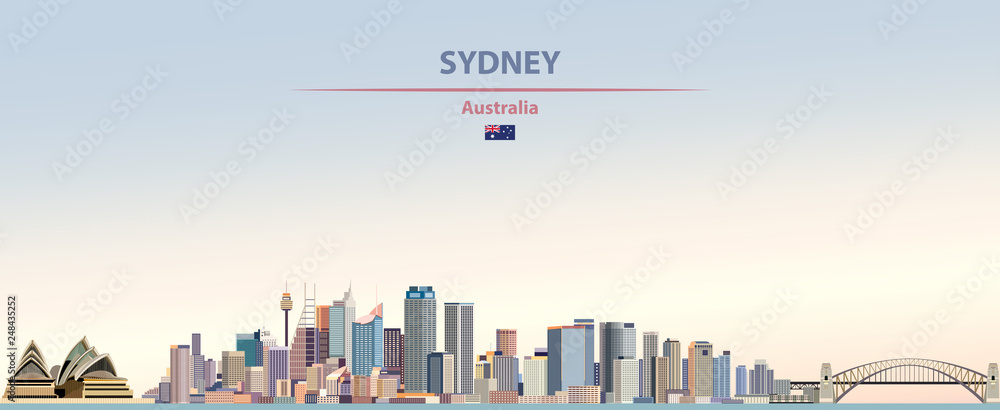 Fototapeta premium Ilustracja wektorowa panoramę miasta Sydney na tle kolorowe niebo gradientu piękny dzień z flagą Australii