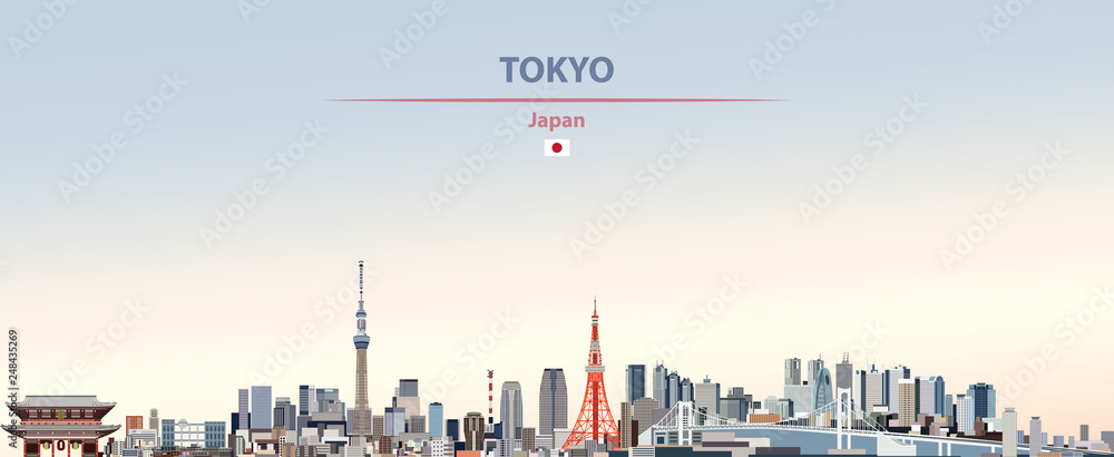 Vector illustration of Tokyo city skyline on colorful gradient beautiful day sky background with flag of  Japan - obrazy, fototapety, plakaty 