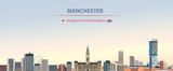 Manchester city skyline vector illustration on colorful gradient beautiful day sky background with flags of  England and United Kingdom