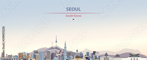 Vector illustration of Seoul city skyline on colorful gradient beautiful day sky background with flag of  photo