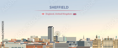 Sheffield city skyline vector illustration on colorful gradient beautiful day sky background with flags of  England and United Kingdom