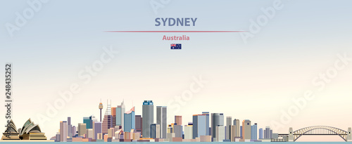 Sydney city skyline vector illustration on colorful gradient beautiful day sky background with flag of Australia