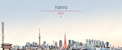 Vector illustration of Tokyo city skyline on colorful gradient beautiful day sky background with flag of  Japan