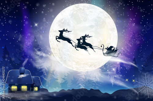 Winter blue sky with falling snow, snowflakes with a winter landscape with a full moon