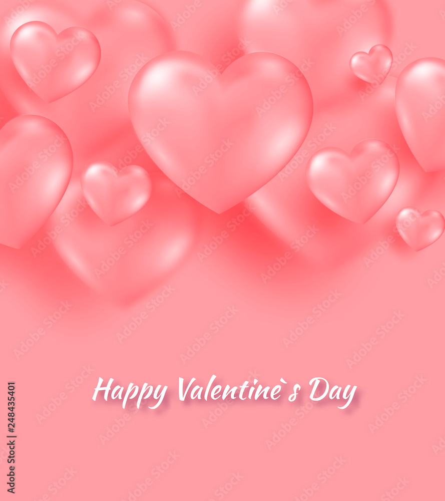 Coral valentine s day background with tender 3d hearts on coral color. Vector illustration Cute love banner or postcard.
