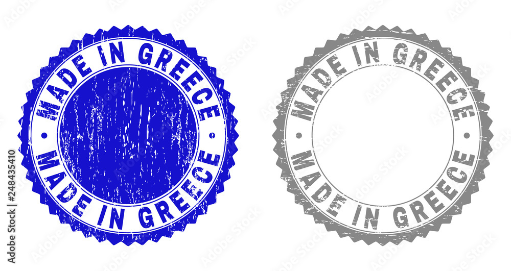 Grunge MADE IN GREECE stamp seals isolated on a white background. Rosette seals with distress texture in blue and grey colors.