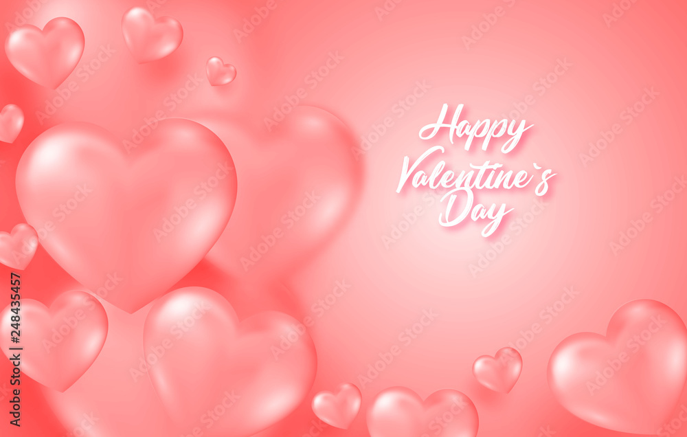 Coral valentine s day background with tender 3d hearts on coral color. Vector illustration Cute love banner or postcard.