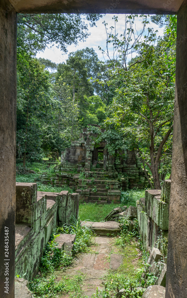 Ruins overgrown with lush jungle vegetation and moss in a beautiful stone frame Ruins overgrown with lush jungle vegetation and moss in a beautiful stone frame
