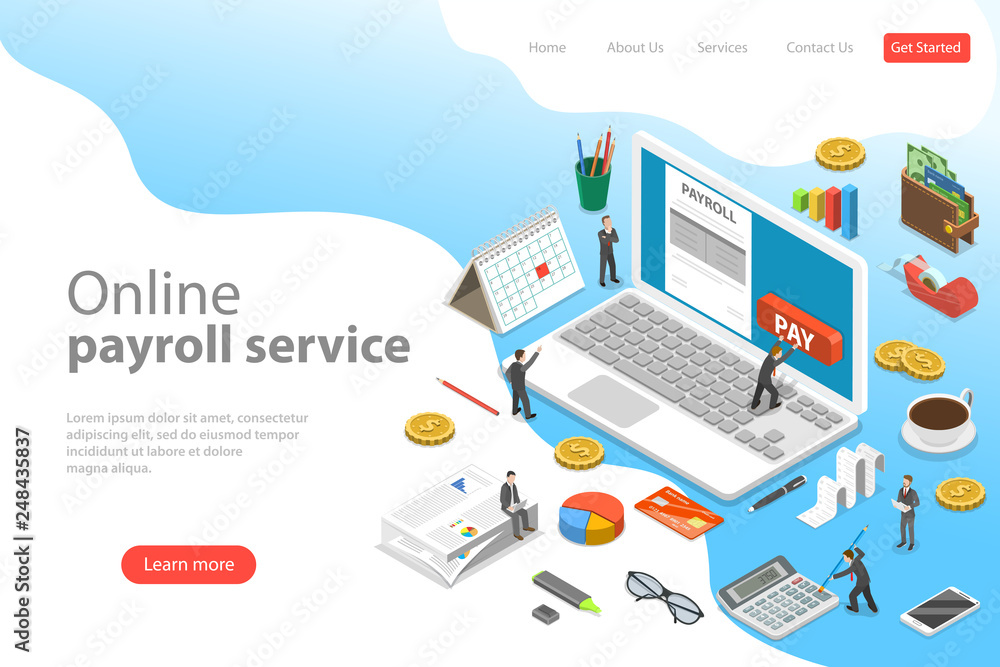 Payroll flat isometric vector landing page template of salary payment, financial calendar, expenses calculator. Payroll flat isometric vector landing page template of salary payment, financial calendar, expenses calculator.
