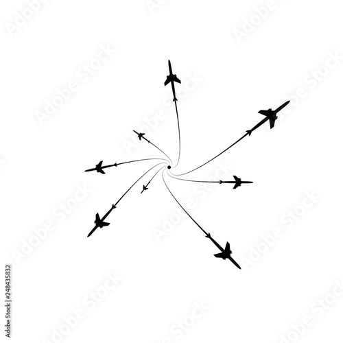 The planes flies on the line. Tourism and travel. The waypoint is intended for a tourist trip. and his track on a white background. Vector illustration