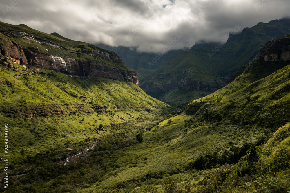 Cliffs, hills and the Tugela River in dramatic afternoon light, along