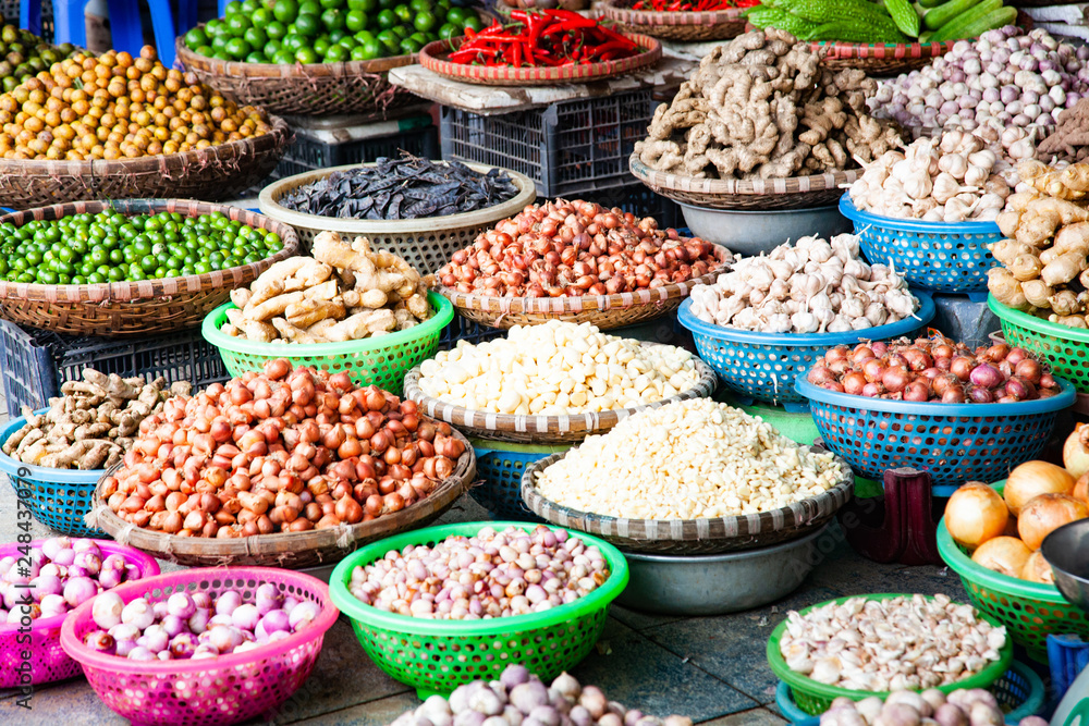 tropical spices and fruits sold at a local market in Hanoi (Vietnam)