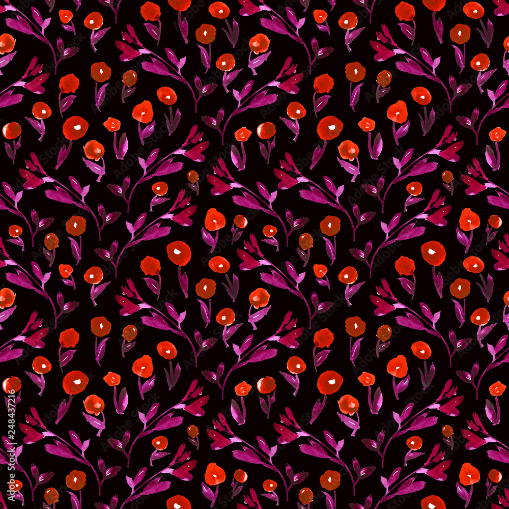 All over berries and branches pattern. Seamless watercolor print in palette of red, purple and black. 