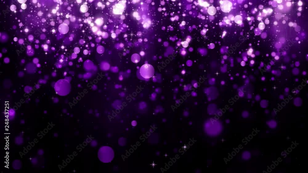 Background with glitter falling purple particles and bokeh. Holiday design. Falling shiny particle with magic light. Beautiful light background. Seamless loop