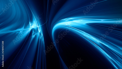 Abstract blue on black background texture. Dynamic curves ands blurs pattern. Detailed fractal graphics. Science and technology concept.